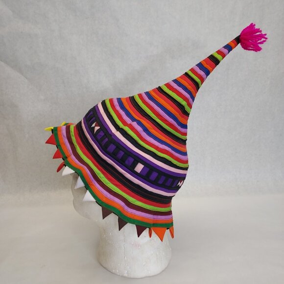 Handmade Traditional Hill Tribe Festival Hat Cone Shape Vibrant Patchwork Stripe - Picture 5 of 10